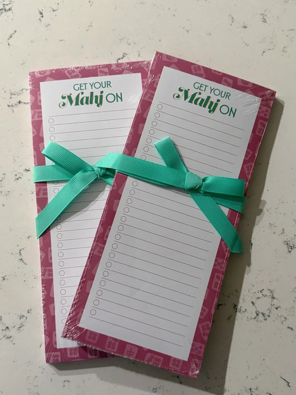 Get Your Mahj On Pink Notepad Set with Teal Ribbon - Magnetic Mahjong Notepad